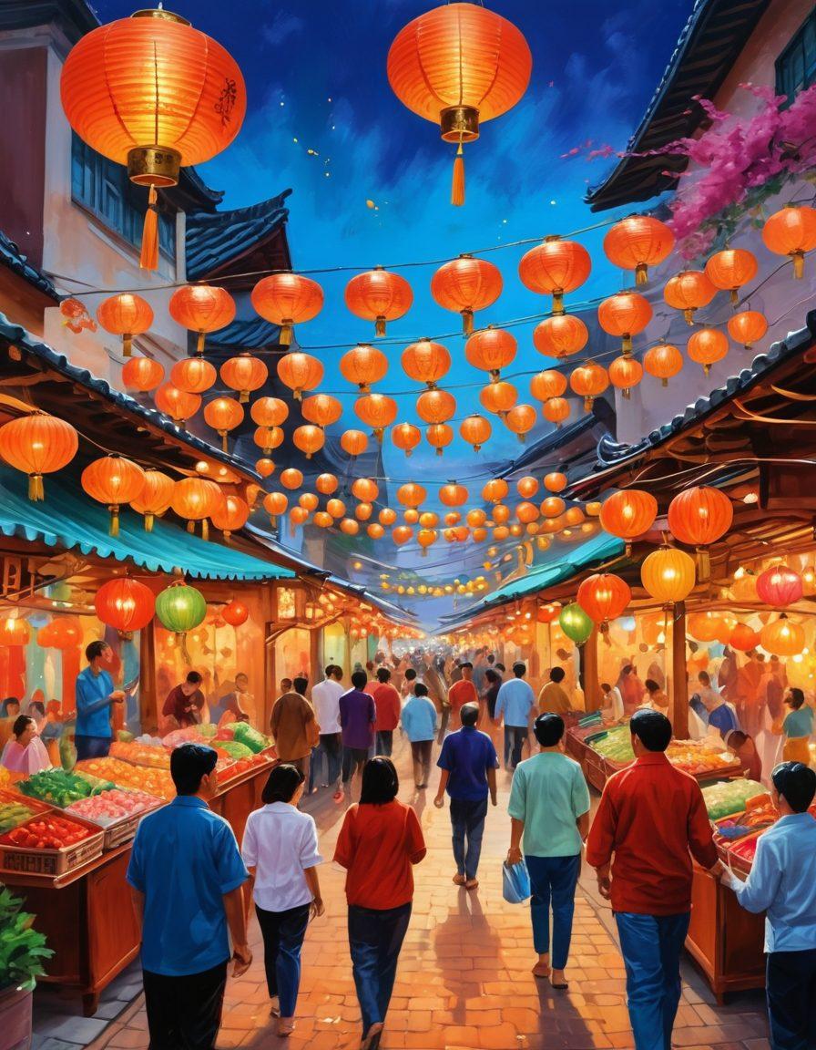 A vibrant scene depicting a lively Asian market with joyful people engaging in various activities like shopping, dancing, and sharing food. Include traditional Asian lanterns hanging above, colorful street stalls, and smiling faces radiating happiness and charm. painting. vibrant colors.