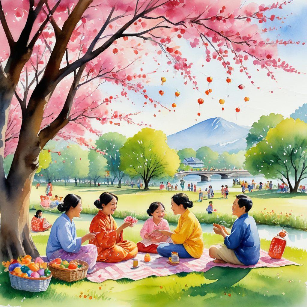 A series of cheerful, diverse Asian characters joyfully interacting in various cute and heartwarming moments, such as friends sharing laughter, a family picnic, children playing, and elders teaching traditions, all set against vibrant, picturesque backgrounds that highlight cultural richness and unity. watercolor painting. warm and vibrant colors.